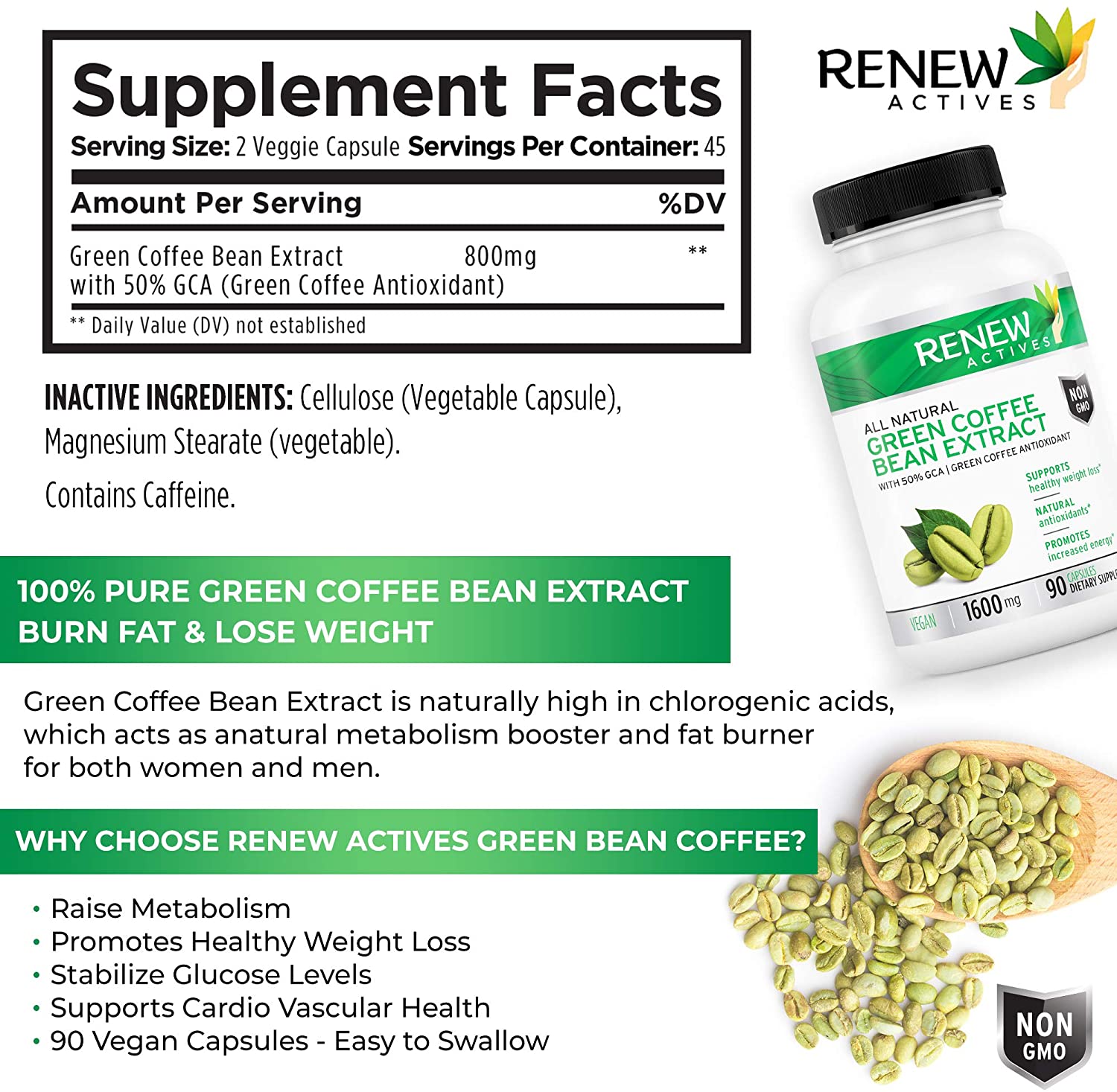 Green Coffee Bean Extract 800mg Capsules - 50% GCA to Boost Metabolism and Energy