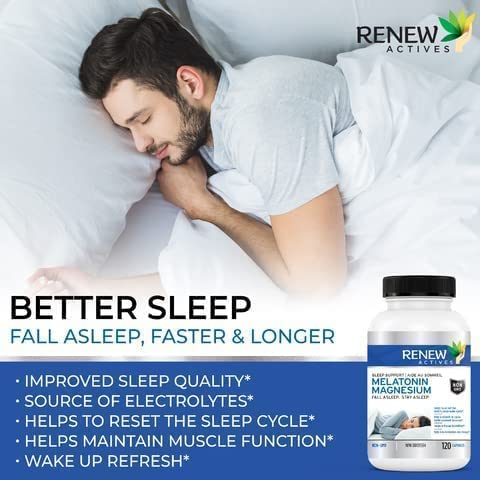 Renew Actives Melatonin with Magnesium Supplement: Magnesium Sleep Aid Vitamins with 10mg of Melatonin