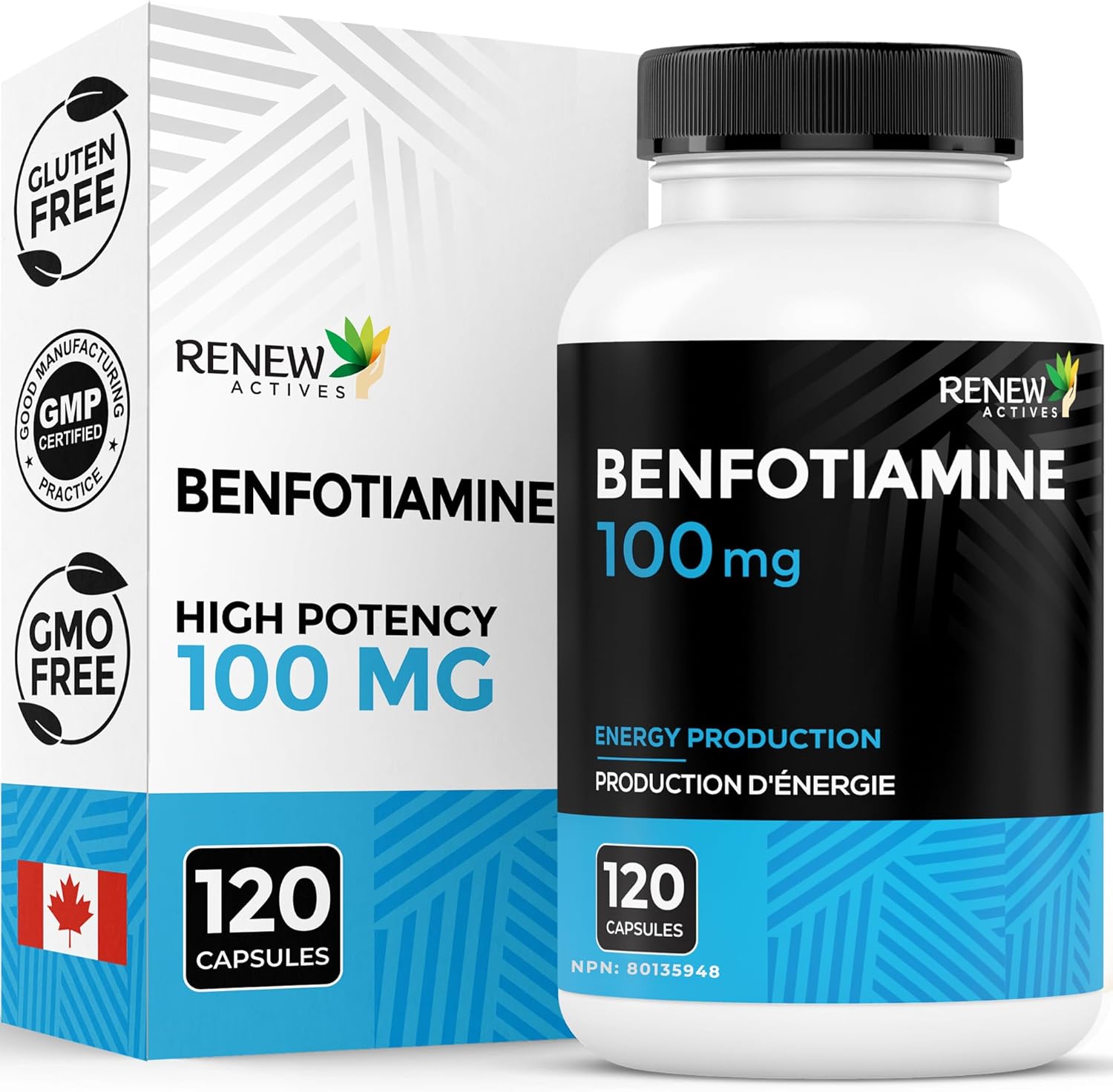 Renew Actives Benfotiamine 100mg – High Absorption Vitamin B1 for Energy & Nerve Support – 120 Capsules