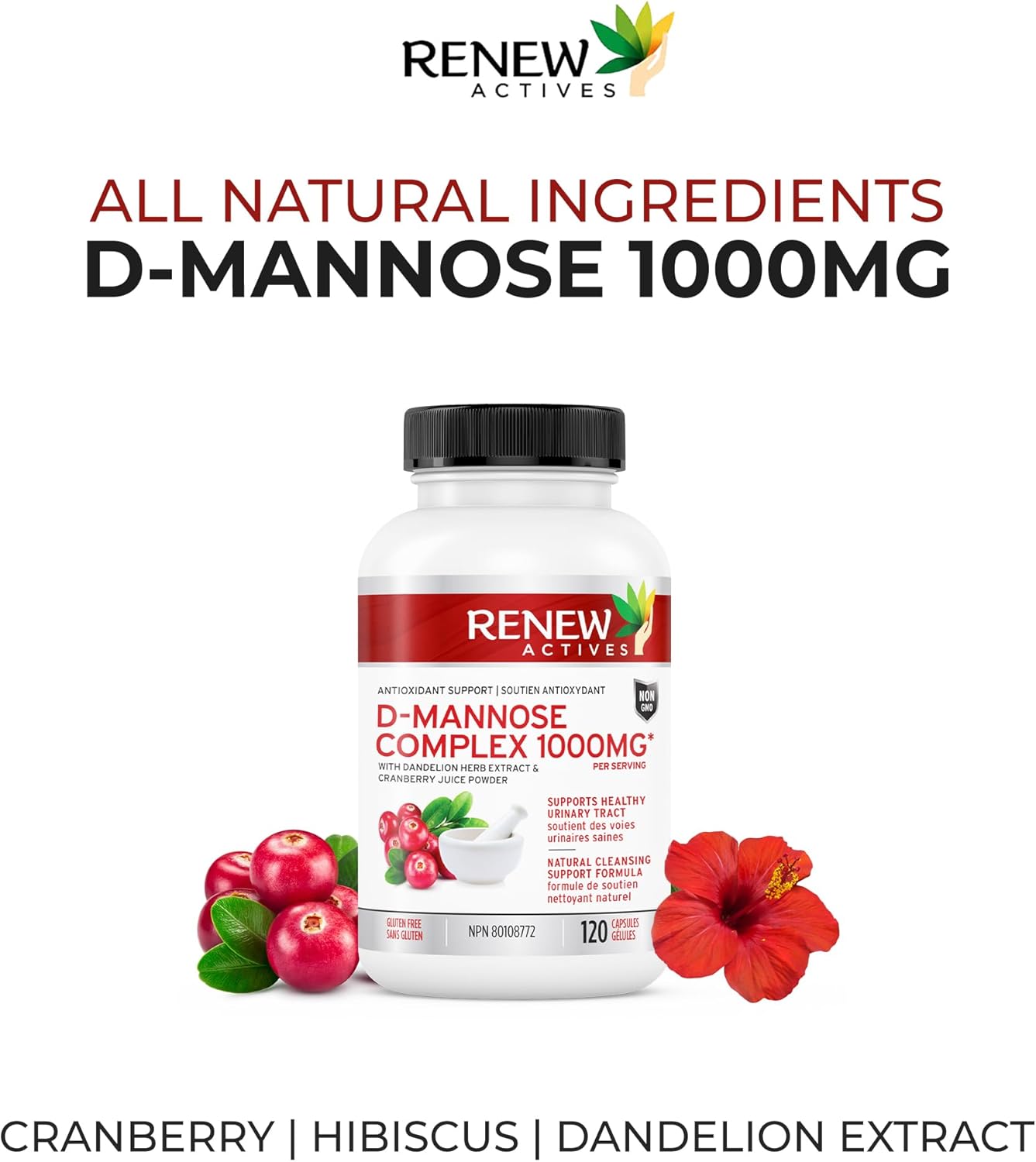 Renew Actives HIGH Potency D-Mannose & Cranberry Complex 1000MG – Urinary Tract Support!
