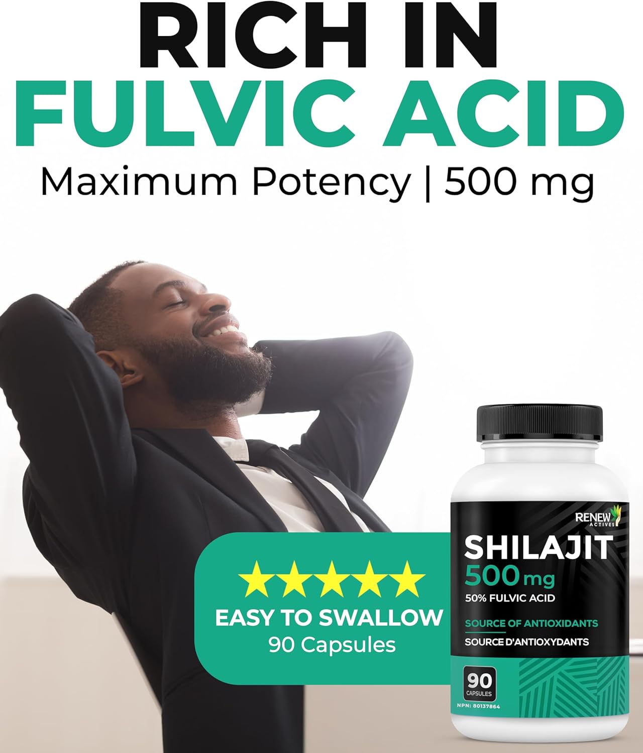 Renew Actives – Premium Shilajit Supplement – Supports Testosterone & Vitality – 90 Capsules