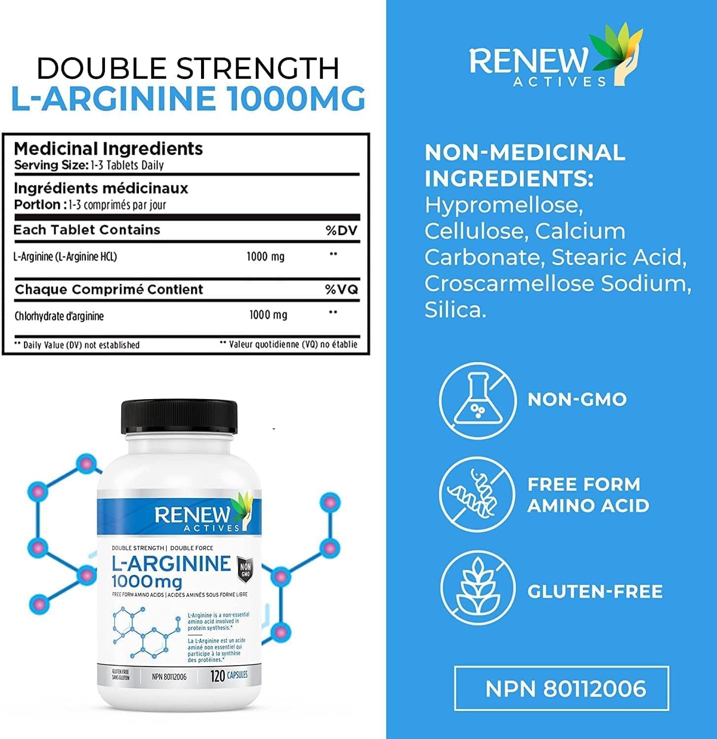 Renew Actives L-Arginine 1000mg, 120 Count, Pre Workout Amino Energy Supplement, for Muscle Recovery & Metabolism Booster