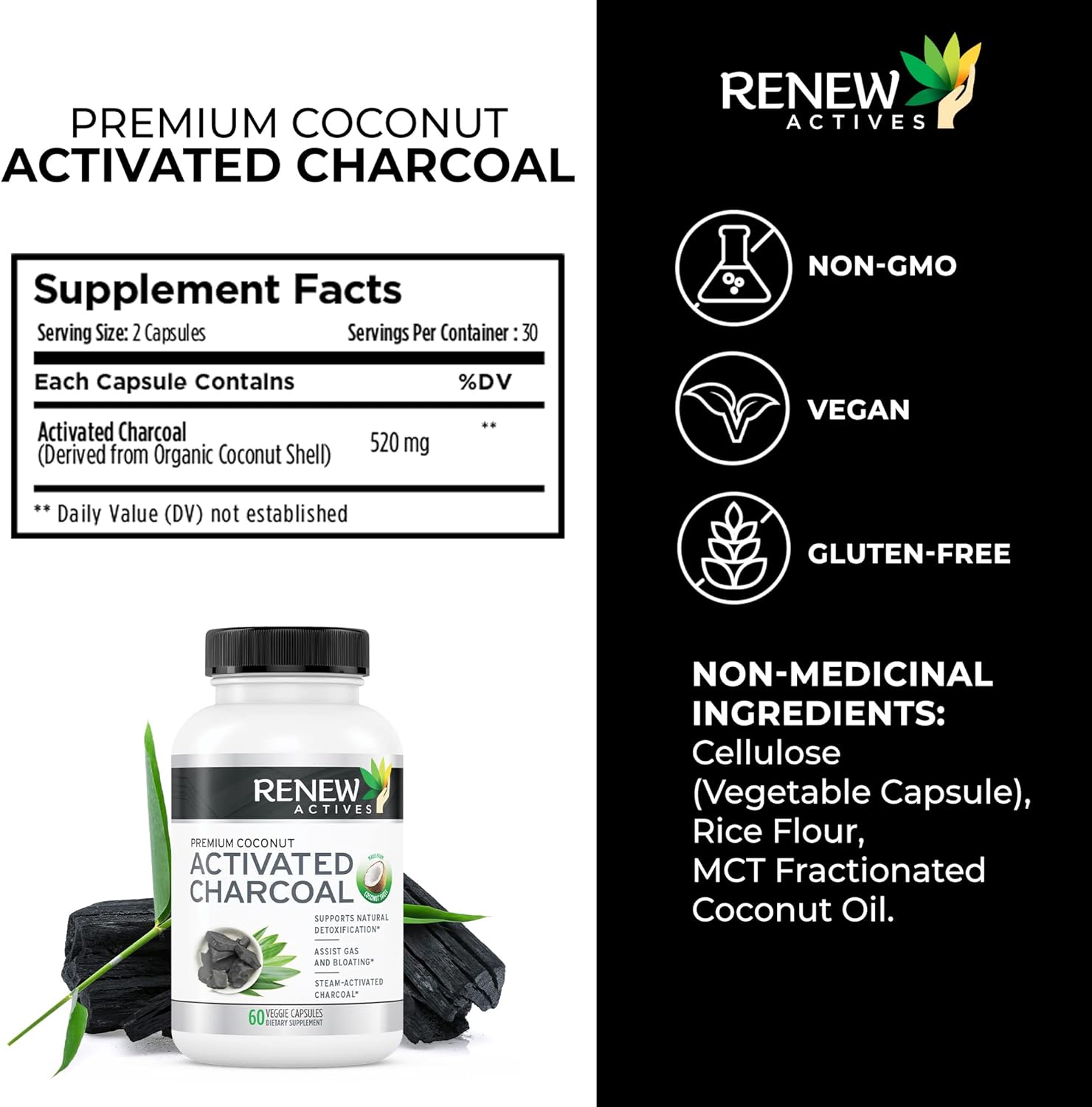 Renew Actives Activated Charcoal Capsules - 60 ct. for Digestive Support & Teeth Whitening