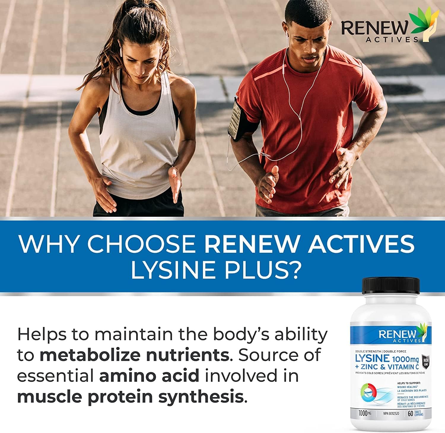 Renew Actives Maximum Strength L-Lysine 1000mg Capsules w. Zinc & Vitamin C (Rare) - Collagen for Hair, Skin & Nails