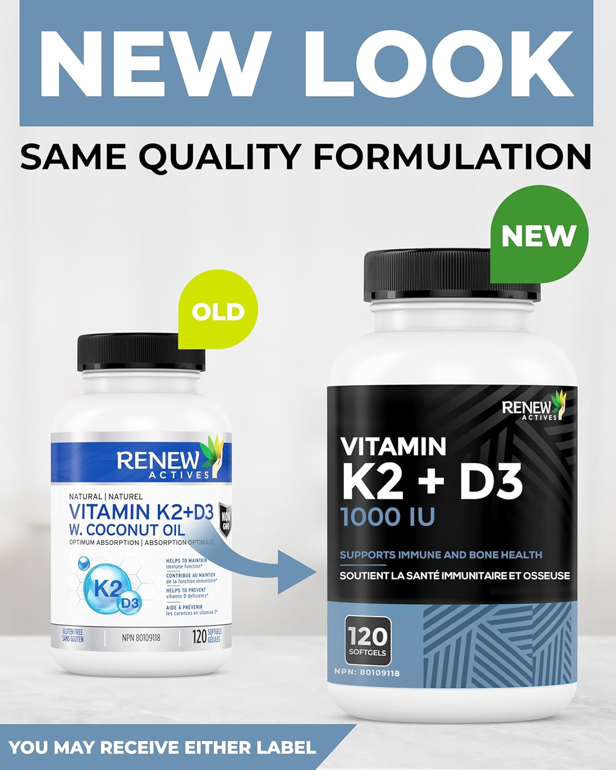 Renew Actives D3 K2 Supplement with Organic Coconut Oil - 1000 UI Vitamin D and 120 MCG of Vitamin K