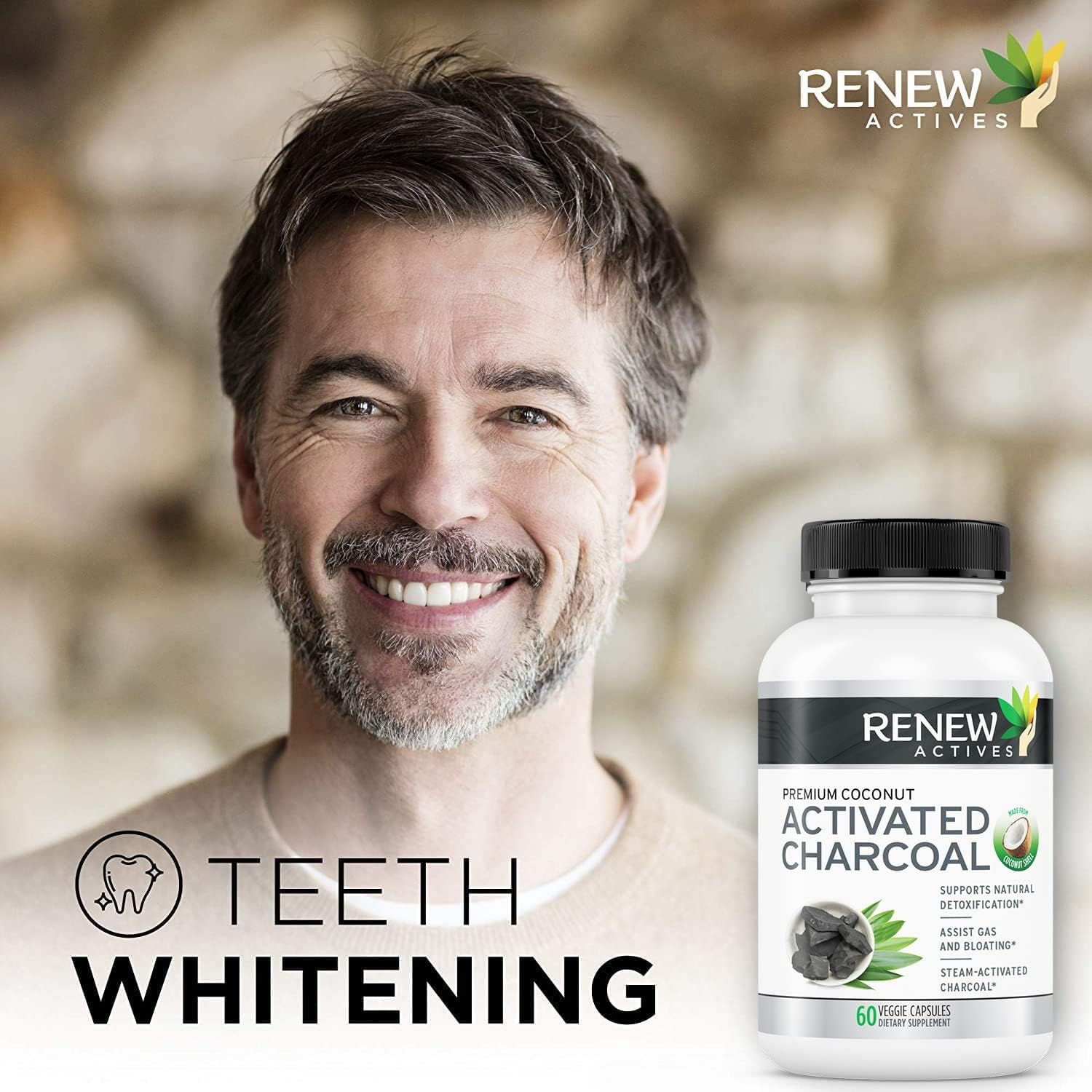 Renew Actives Activated Charcoal Capsules - 60 ct. for Digestive Support & Teeth Whitening