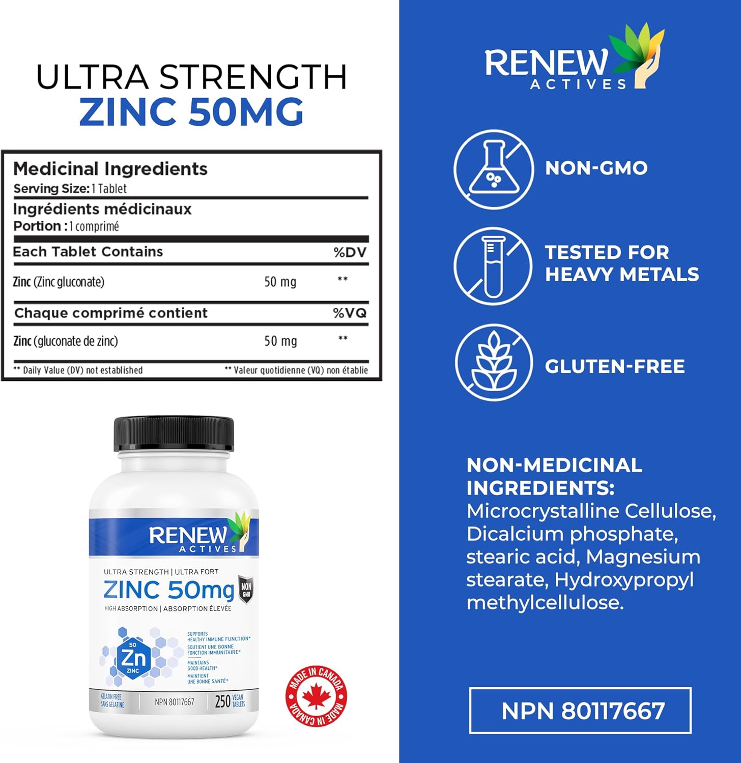 Renew Actives Zinc Supplements 50MG - for Healthy Skin, a Strong Immune System, and Enhanced Hair Growth
