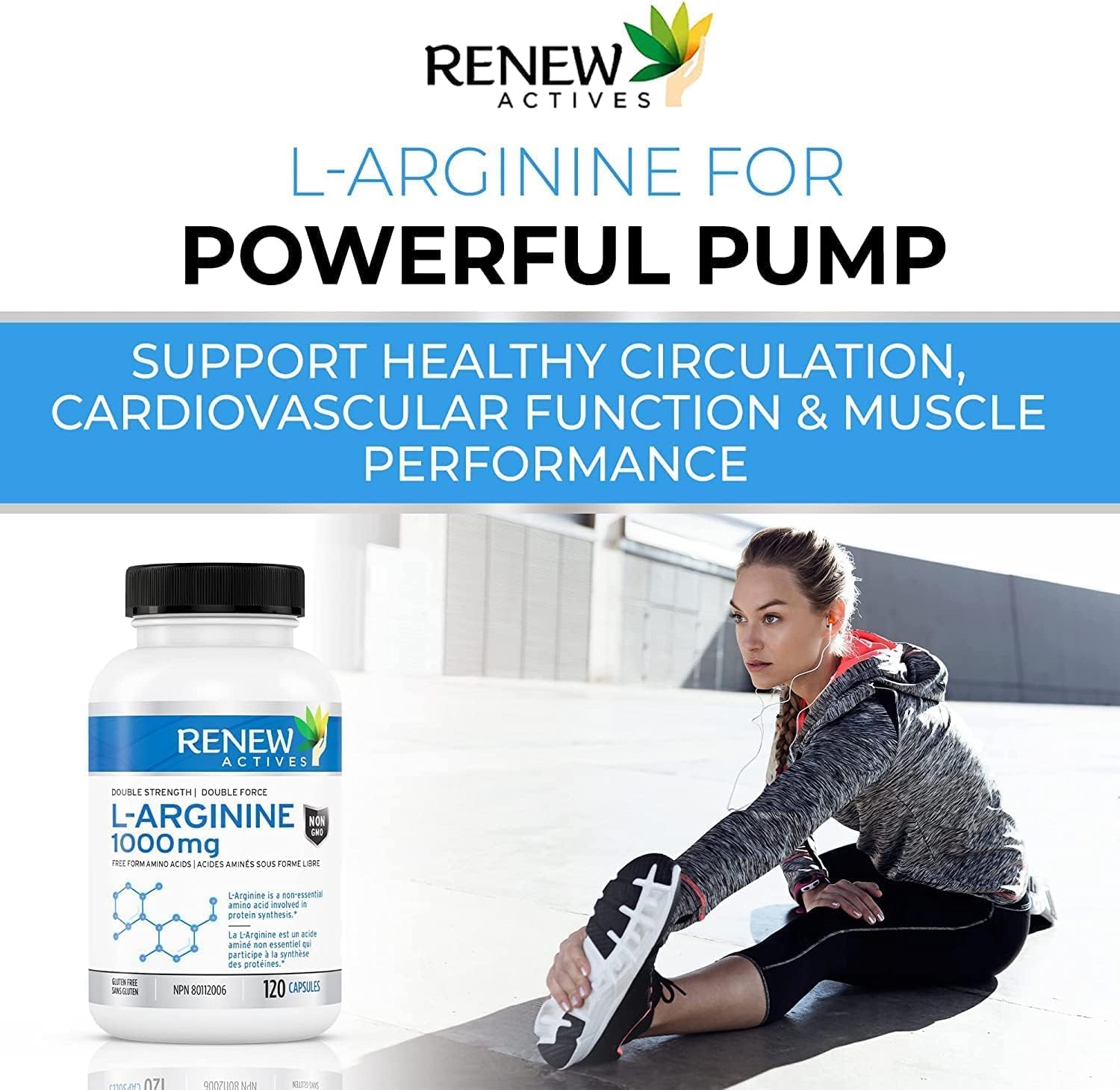 Renew Actives L-Arginine 1000mg, 120 Count, Pre Workout Amino Energy Supplement, for Muscle Recovery & Metabolism Booster