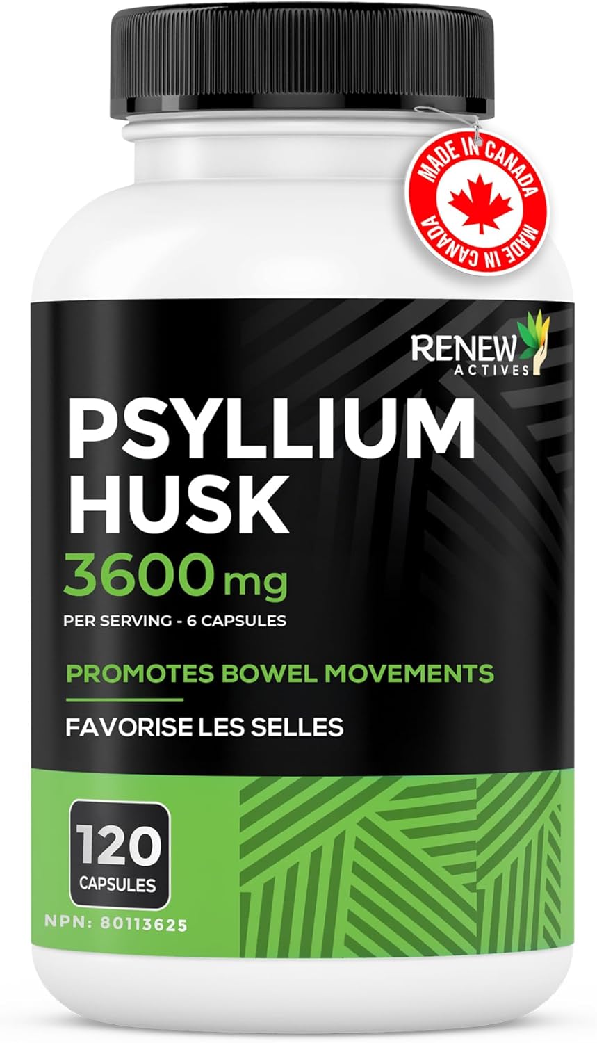Renew Actives Psyllium Husk Capsules, 600 mg, 120 Capsules, Soluble Fiber Supplement, Natural Stool Softener/Laxatives