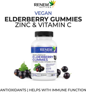 Renew Actives New Vegan Elderberry Gummies + Vitamin C & Zinc for Healthy Immune Support & Stronger Hair, Skin & Nails