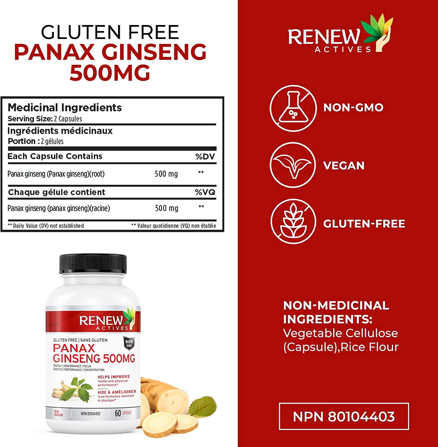 Renew Actives Panax Ginseng Supplement 500mg - Help Boost Energy, Performance & Cognitive Function