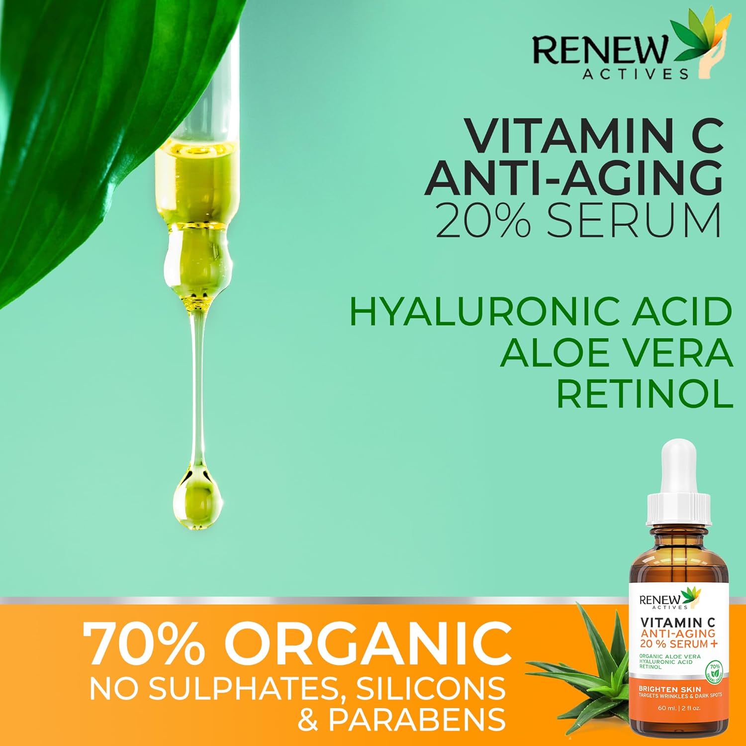 Renew Actives Vitamin C Serum – Anti-Aging Serum with Vitamin C, Hyaluronic Acid & Retinol – 2 fl oz Bottle