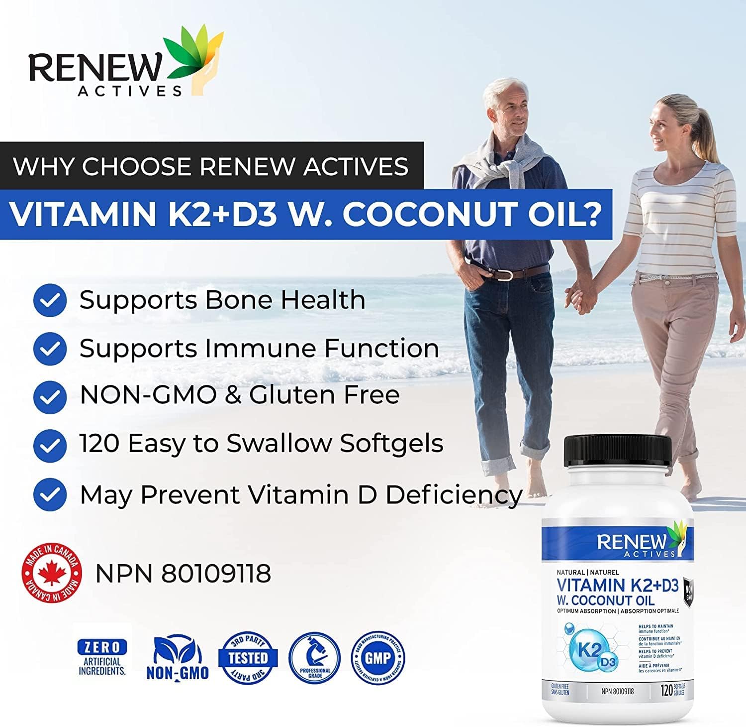 Renew Actives D3 K2 Supplement with Organic Coconut Oil - 1000 UI Vita ...