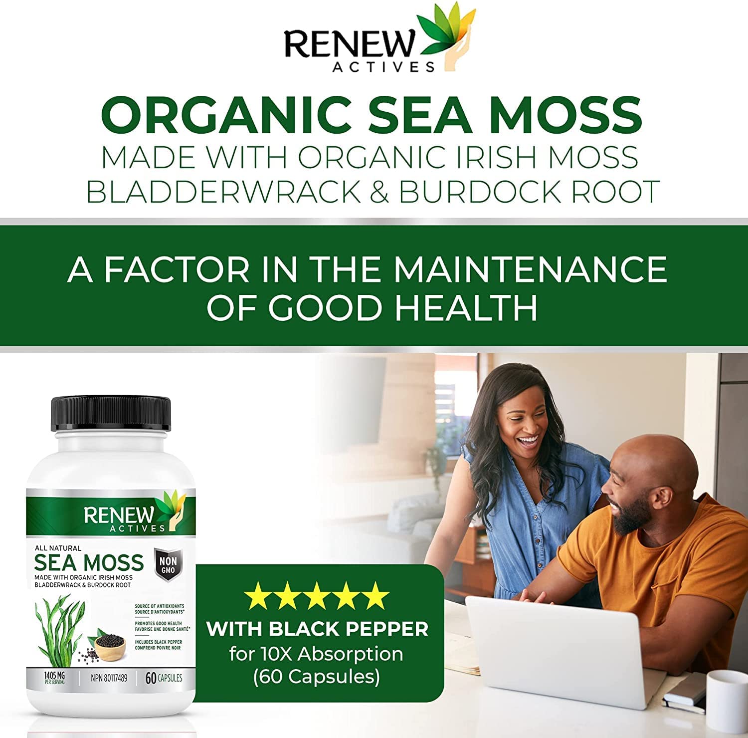 Renew Actives Sea Moss Capsules - Powerful Triple-Action Antioxidant Seamoss Pills with BioPerine®
