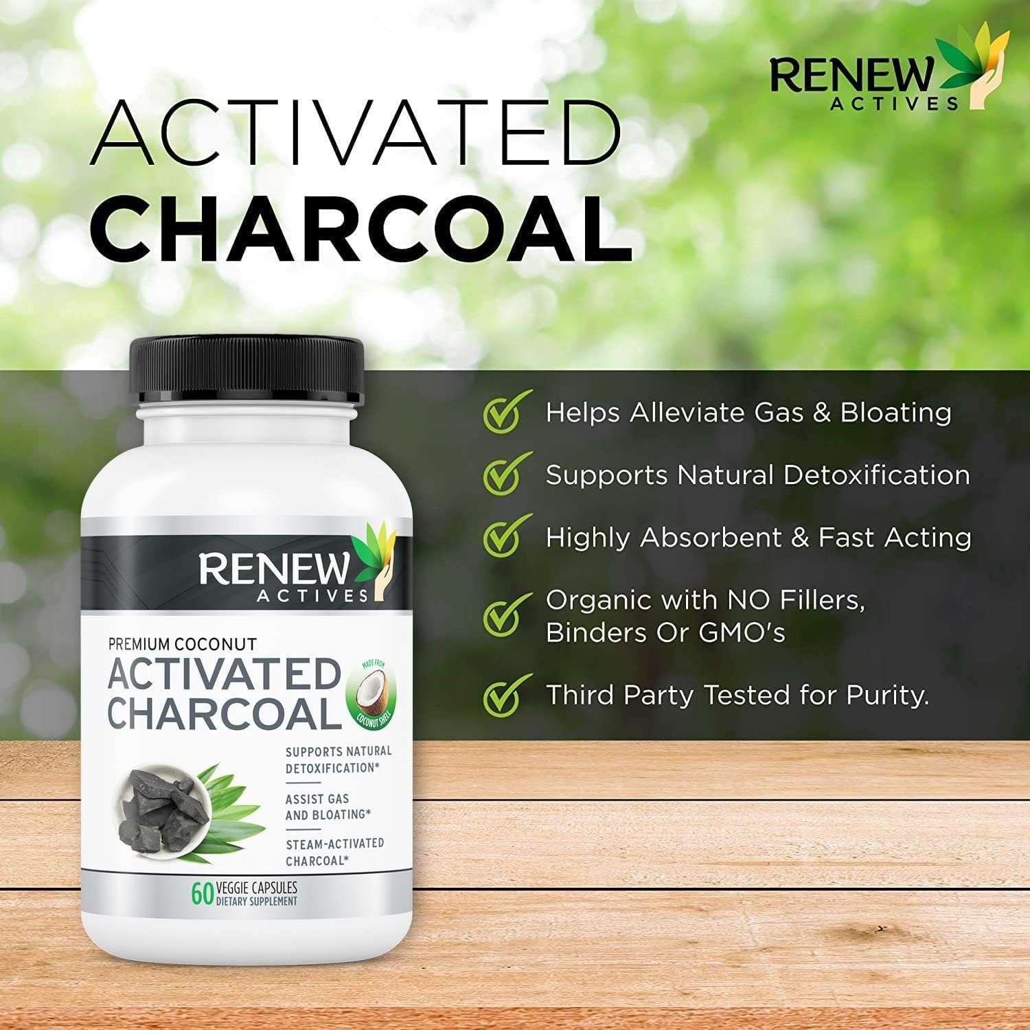 Renew Actives Activated Charcoal Capsules - 60 ct. for Digestive Support & Teeth Whitening