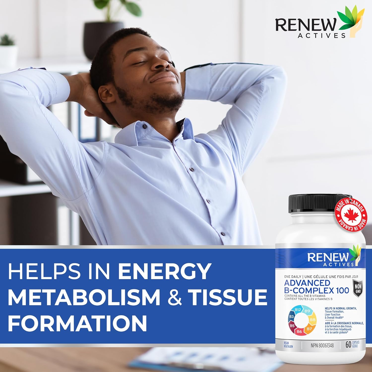 Renew Actives Vitamin B Complex 100, 60 Capsule  – 100% of B1, B2, B3, B5, B-6, B-12