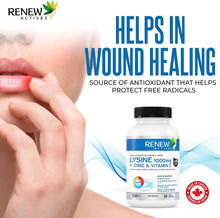 Load image into Gallery viewer, Renew Actives Maximum Strength L-Lysine 1000mg Capsules w. Zinc &amp; Vitamin C (Rare) - Collagen for Hair, Skin &amp; Nails
