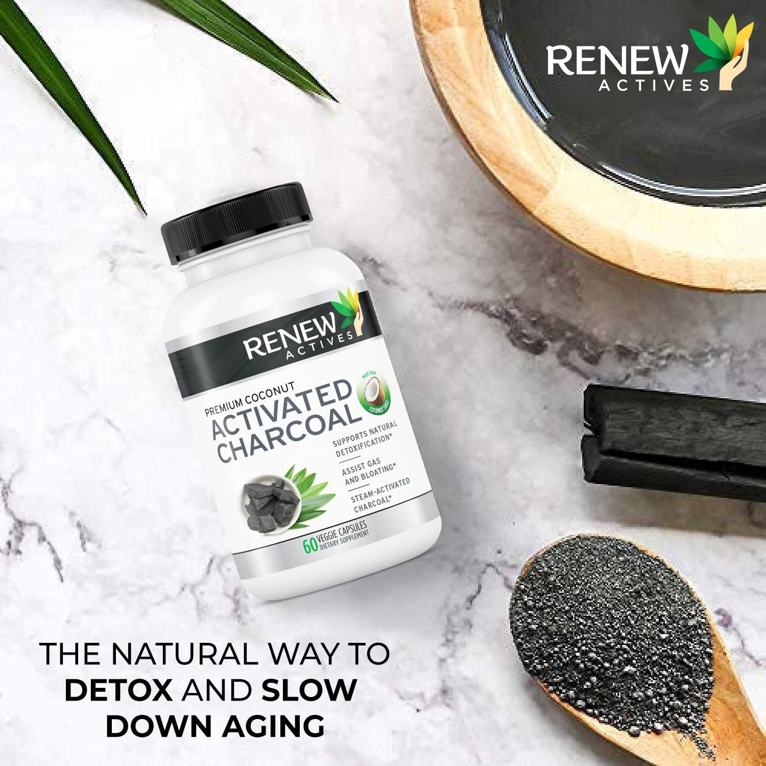 Renew Actives Activated Charcoal Capsules - 60 ct. for Digestive Support & Teeth Whitening