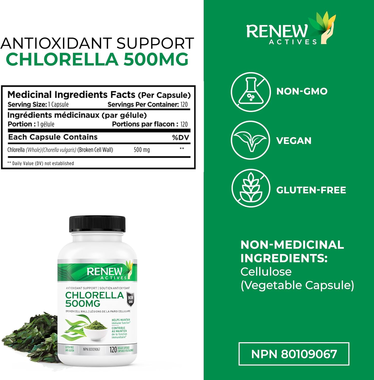 Renew Actives Organic Chlorella - Antioxidant and Immune System Support - 120 Vegan Capsules.