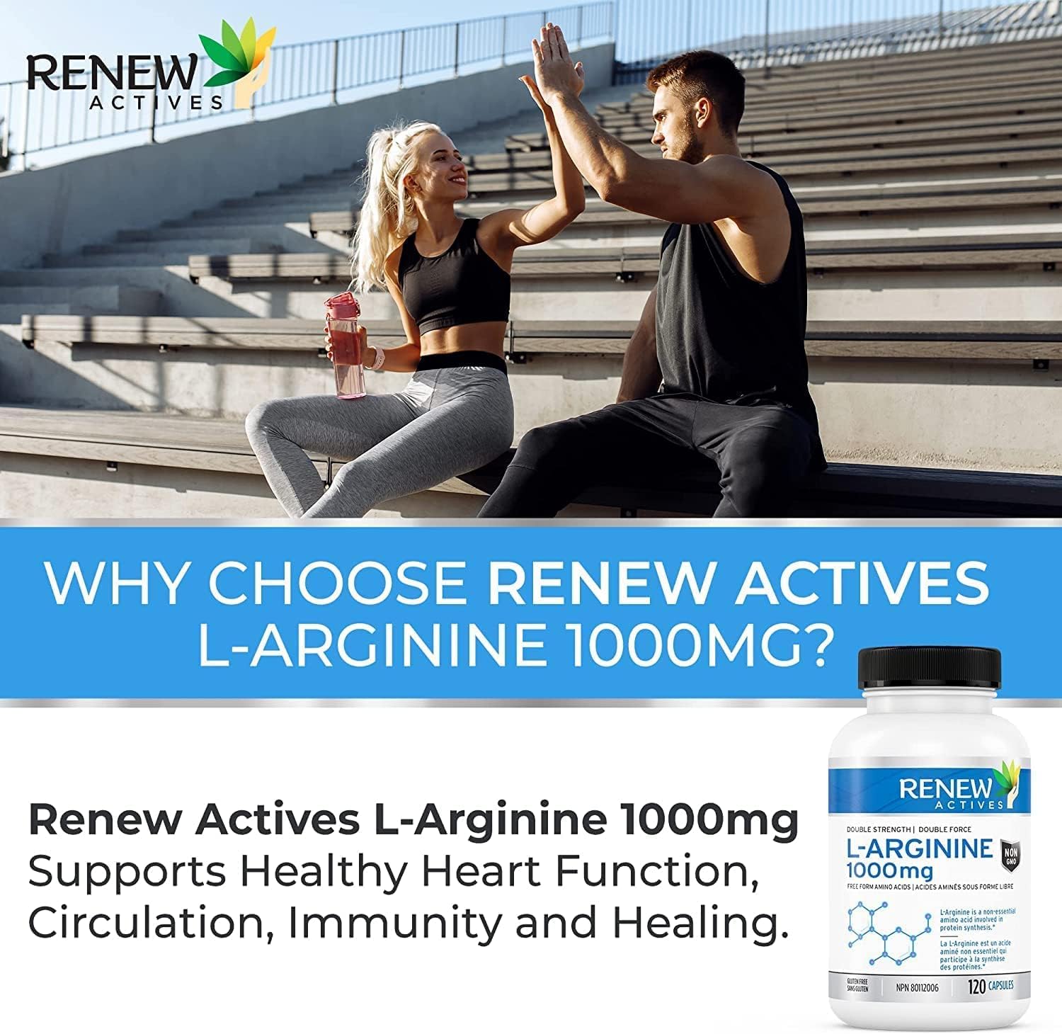 Renew Actives L-Arginine 1000mg, 120 Count, Pre Workout Amino Energy Supplement, for Muscle Recovery & Metabolism Booster