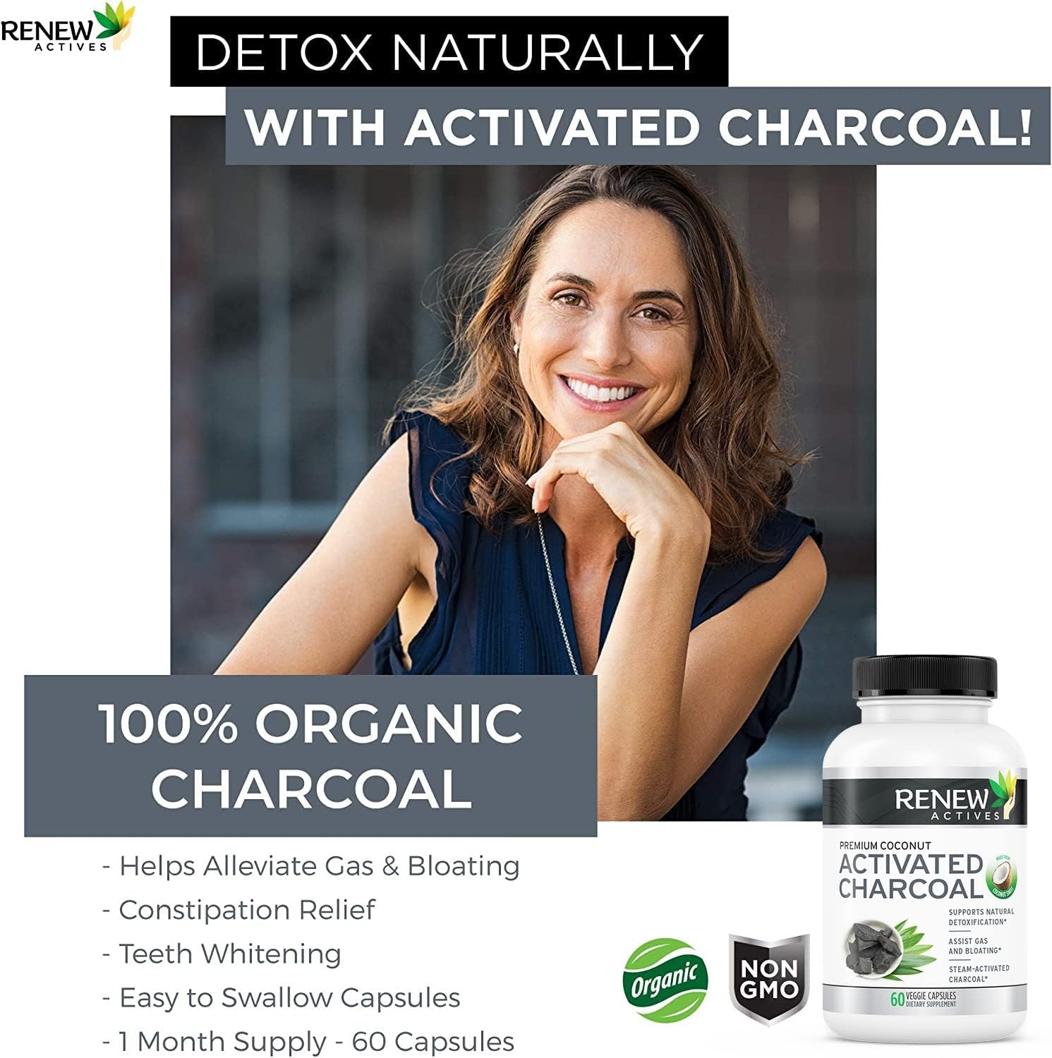 Renew Actives Activated Charcoal Capsules - 60 ct. for Digestive Support & Teeth Whitening