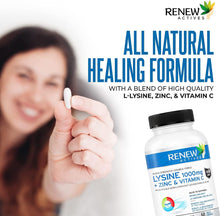 Load image into Gallery viewer, Renew Actives Maximum Strength L-Lysine 1000mg Capsules w. Zinc &amp; Vitamin C (Rare) - Collagen for Hair, Skin &amp; Nails
