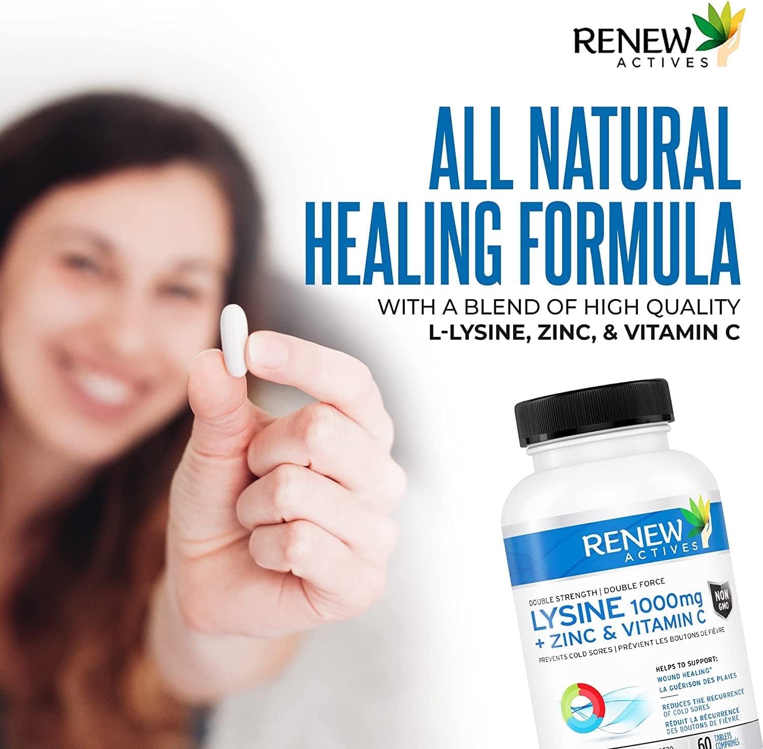 Renew Actives Maximum Strength L-Lysine 1000mg Capsules w. Zinc & Vitamin C (Rare) - Collagen for Hair, Skin & Nails
