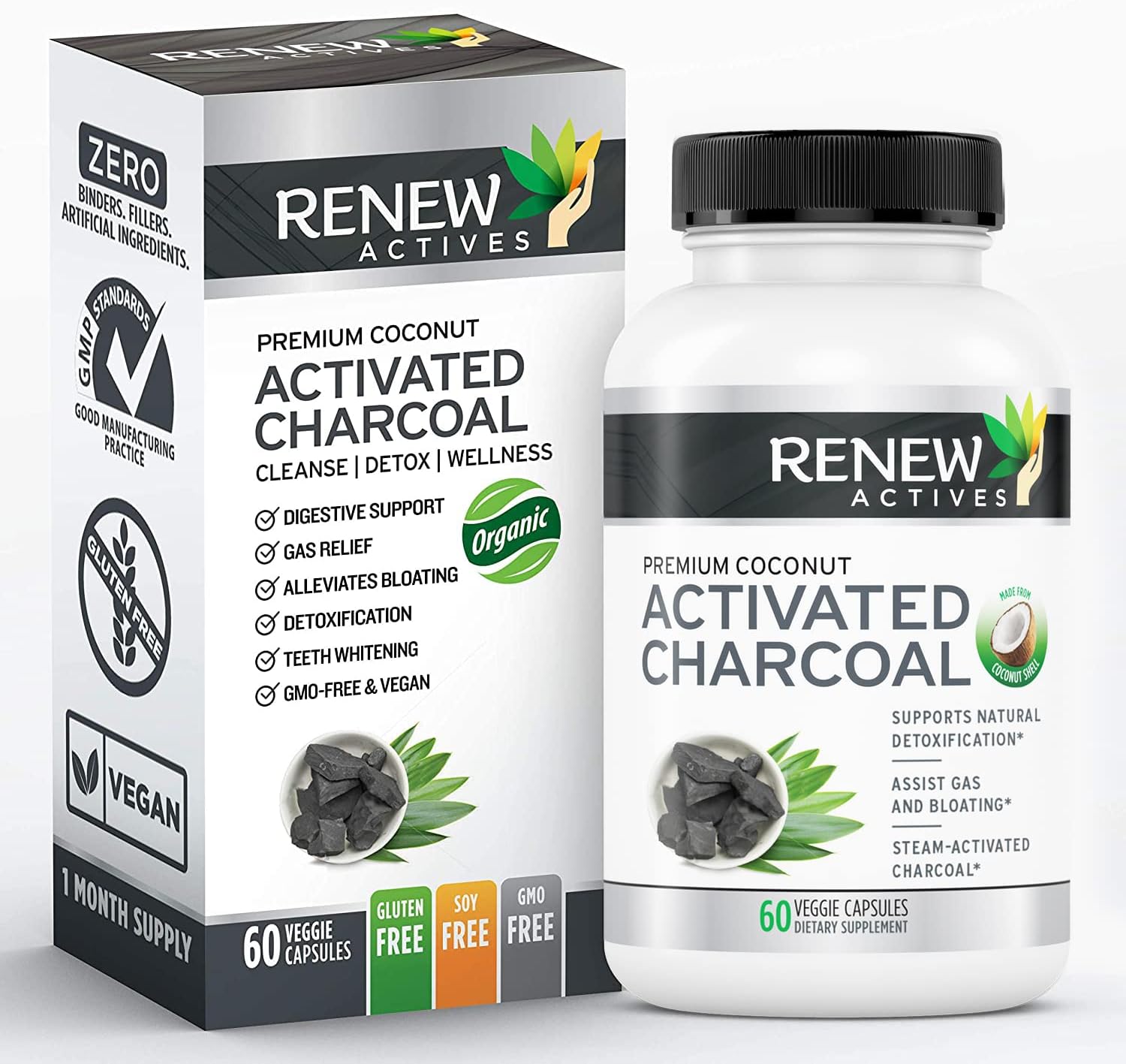 Renew Actives Activated Charcoal Capsules - 60 ct. for Digestive Support & Teeth Whitening