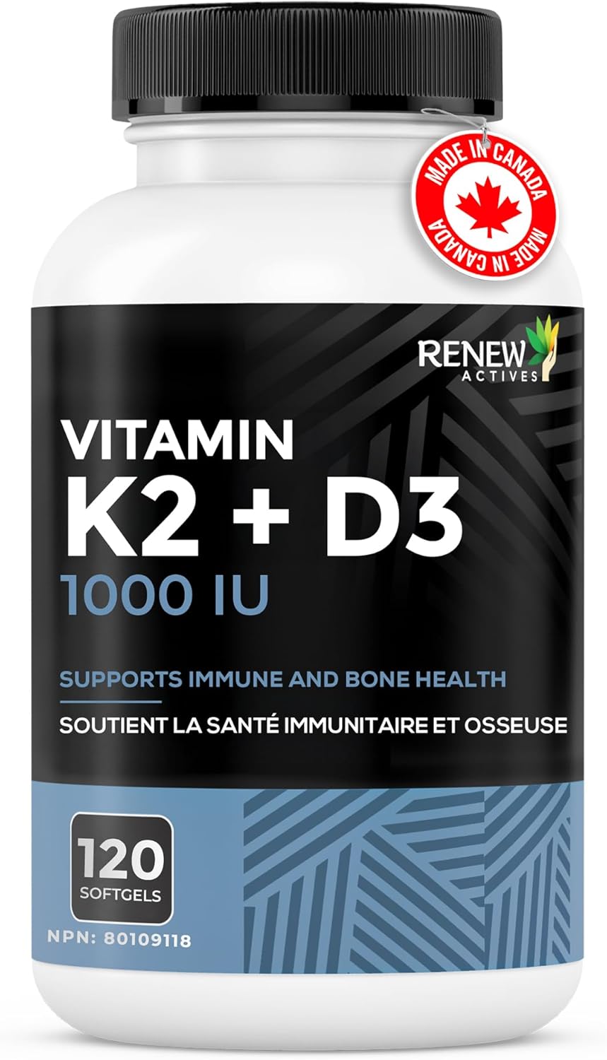 Renew Actives D3 K2 Supplement with Organic Coconut Oil - 1000 UI Vitamin D and 120 MCG of Vitamin K