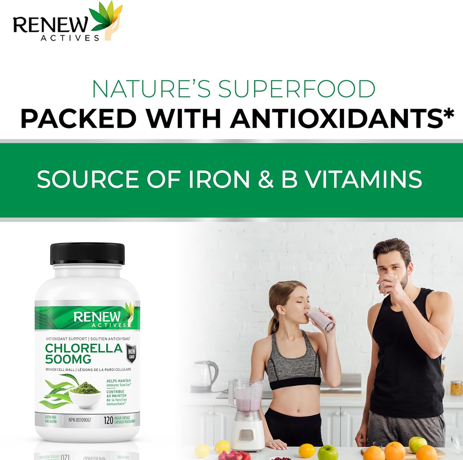 Renew Actives Organic Chlorella - Antioxidant and Immune System Support - 120 Vegan Capsules.