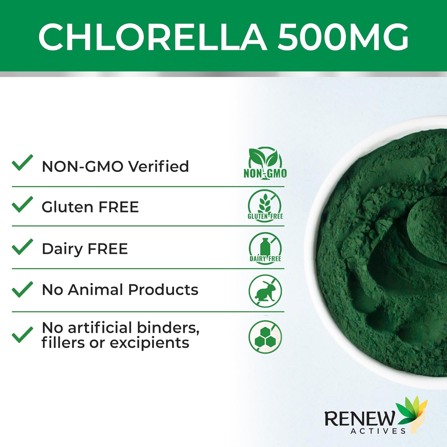 Renew Actives Organic Chlorella - Antioxidant and Immune System Support - 120 Vegan Capsules.