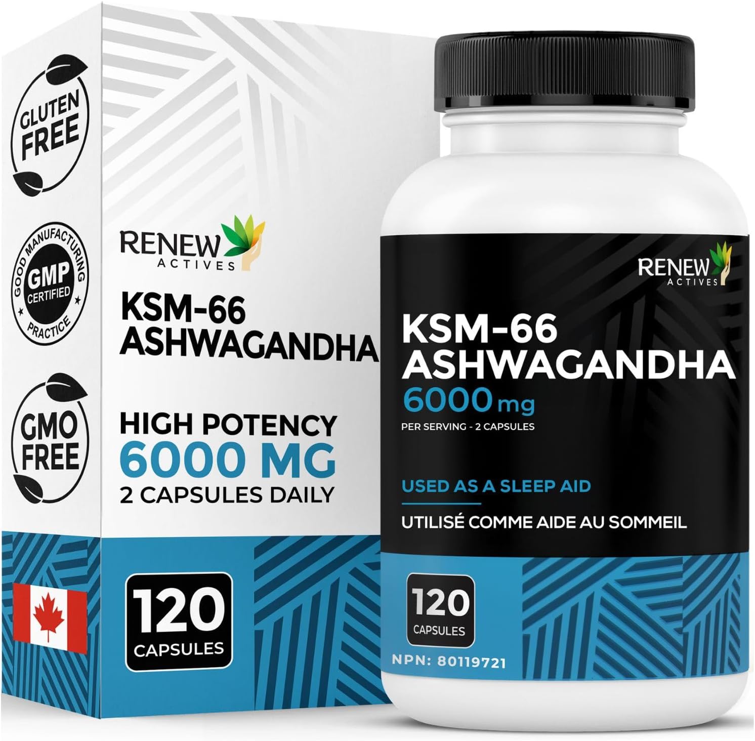 Renew Actives Ashwagandha KSM-66 Capsules - 60 Easy to Swallow Capsules