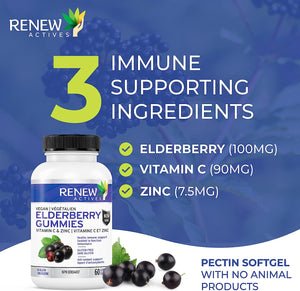 Renew Actives New Vegan Elderberry Gummies + Vitamin C & Zinc for Healthy Immune Support & Stronger Hair, Skin & Nails