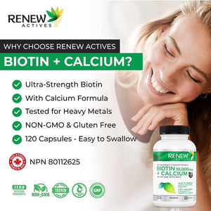 Renew Actives Biotin & Calcium 10000mcg Supplement! Potent Biotin for Healthy Hair Skin & Nails