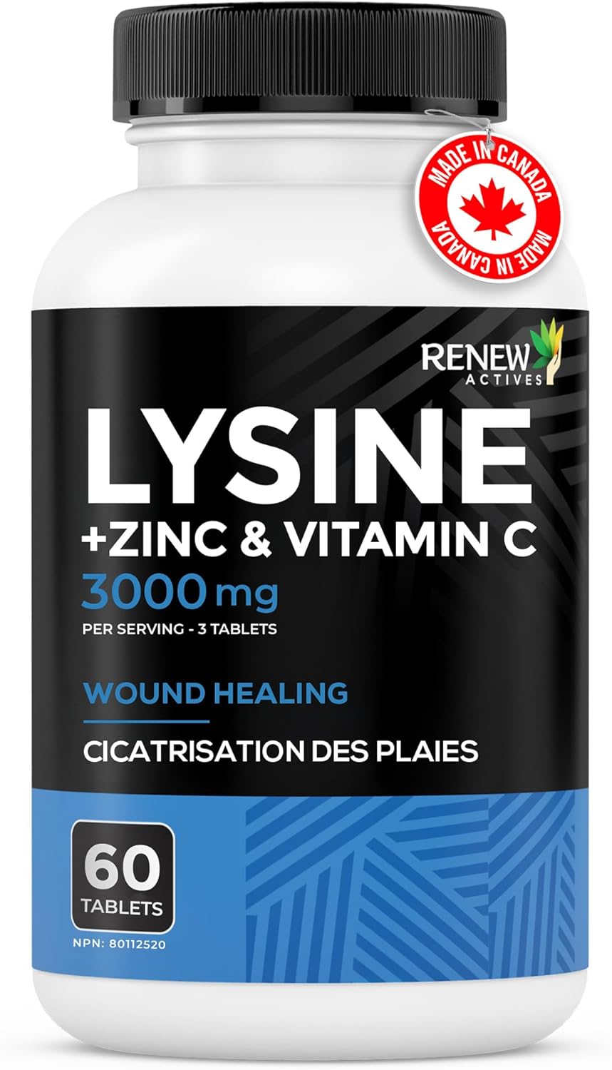 Renew Actives Maximum Strength L-Lysine 1000mg Capsules w. Zinc & Vitamin C (Rare) - Collagen for Hair, Skin & Nails