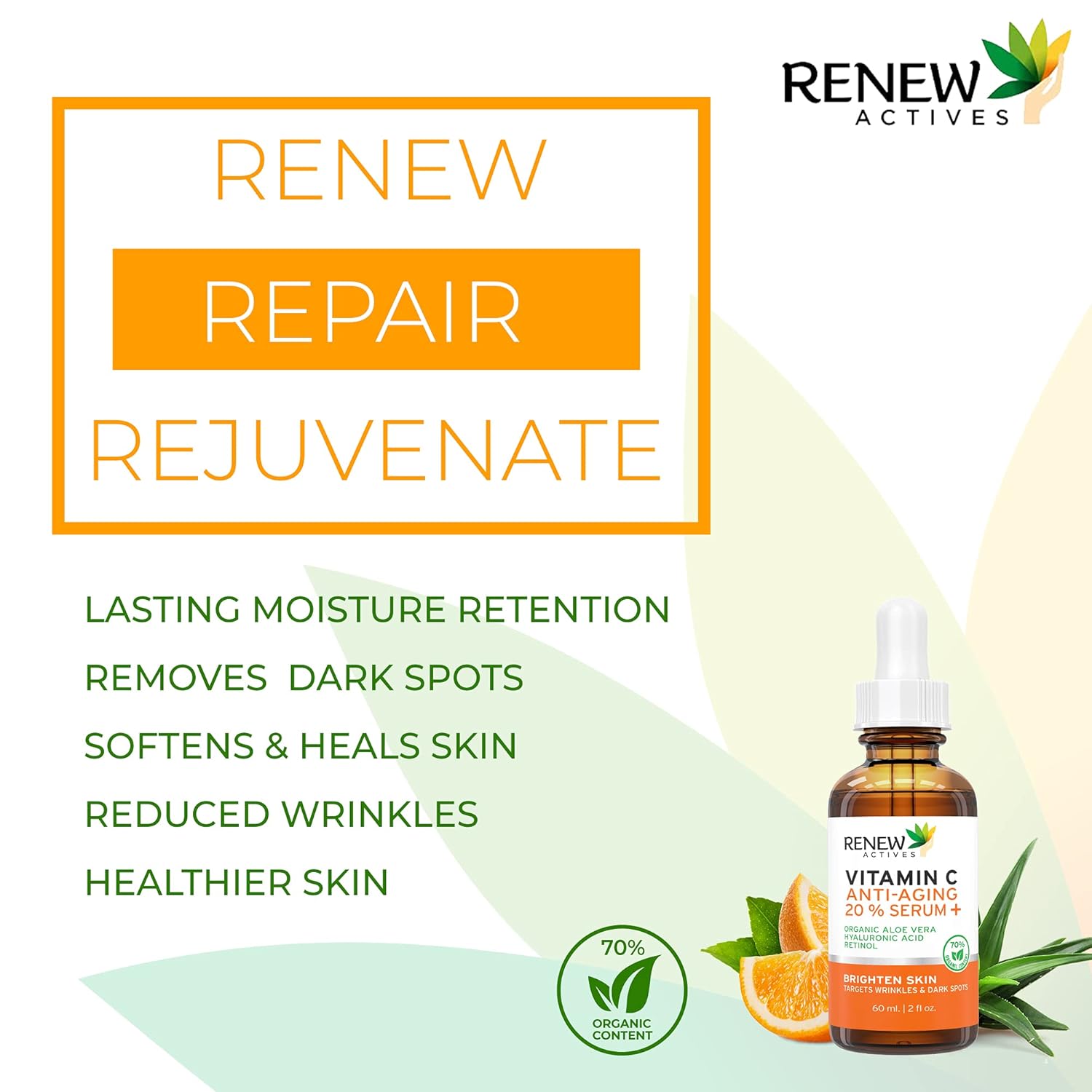 Renew Actives Vitamin C Serum – Anti-Aging Serum with Vitamin C, Hyaluronic Acid & Retinol – 2 fl oz Bottle