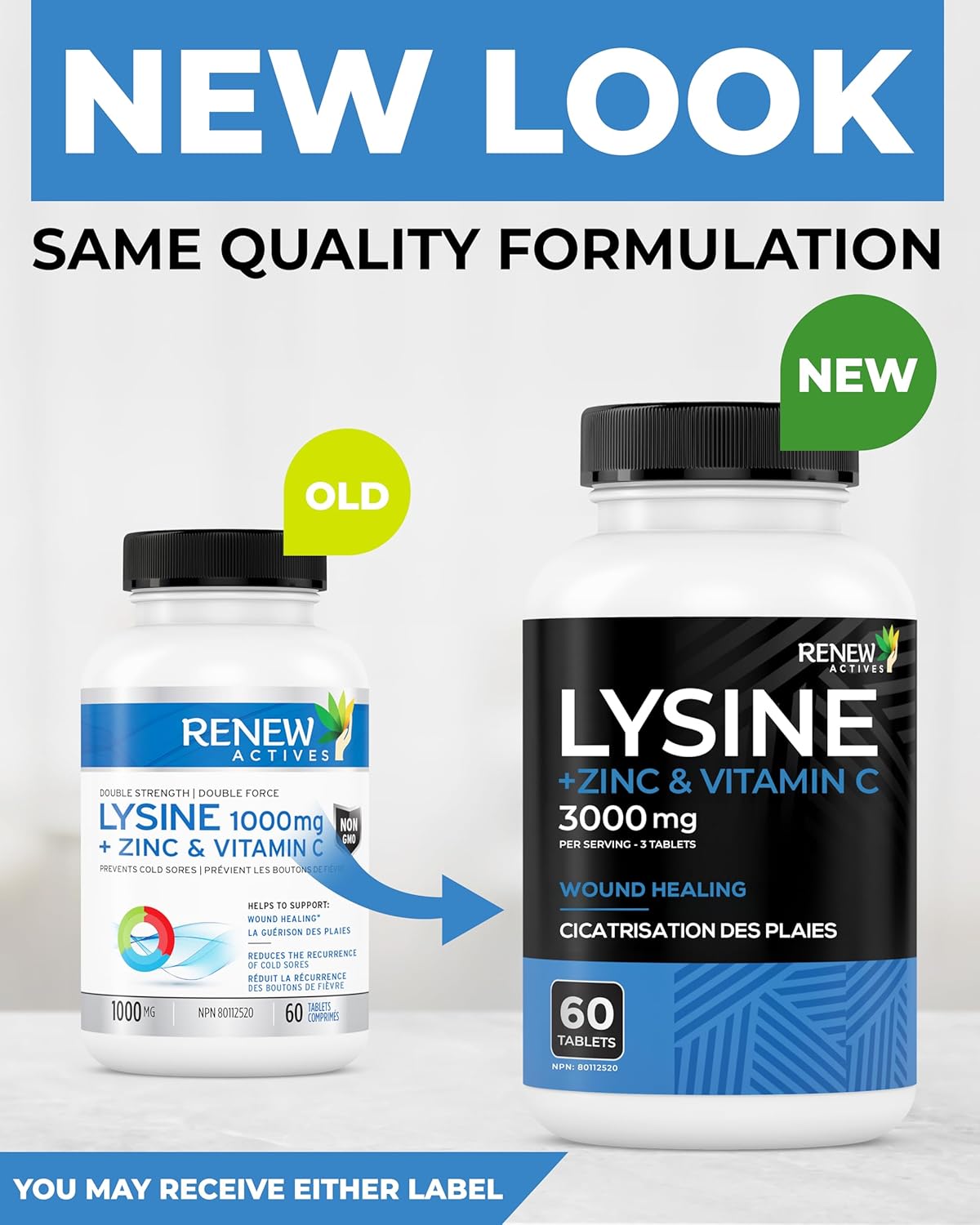 Renew Actives Maximum Strength L-Lysine 1000mg Capsules w. Zinc & Vitamin C (Rare) - Collagen for Hair, Skin & Nails