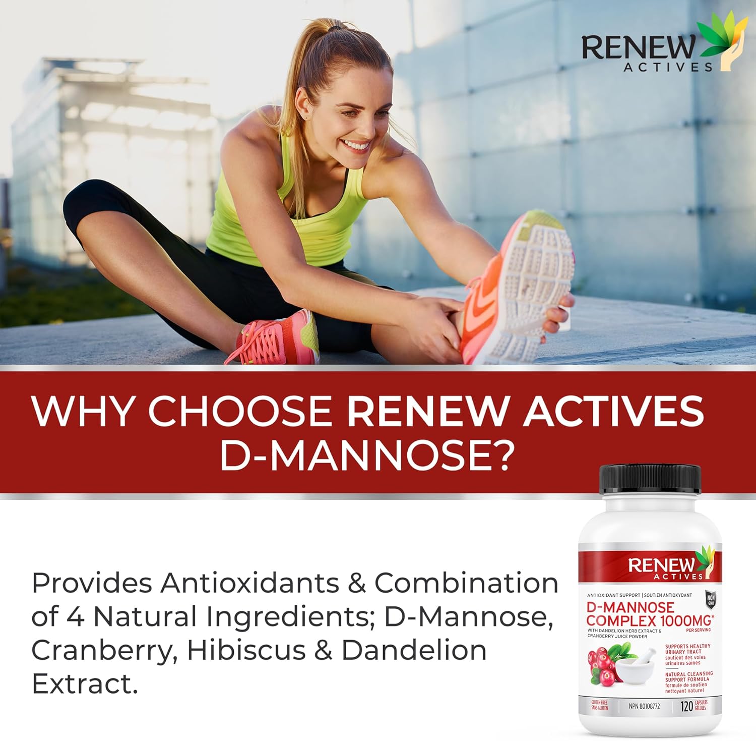Renew Actives HIGH Potency D-Mannose & Cranberry Complex 1000MG – Urinary Tract Support!