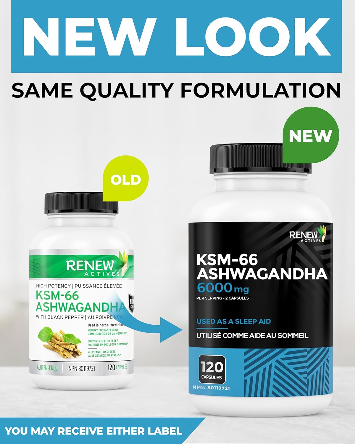 Renew Actives Ashwagandha KSM-66 Capsules - 60 Easy to Swallow Capsules