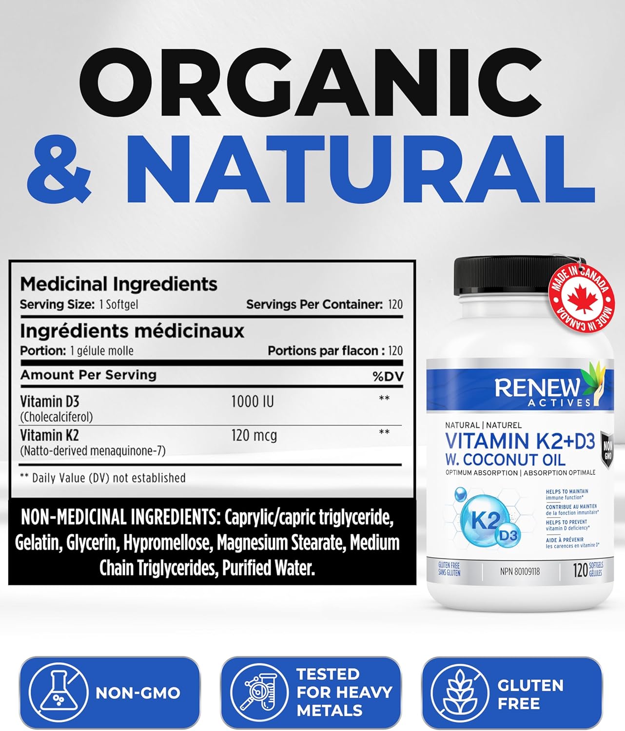 Renew Actives D3 K2 Supplement with Organic Coconut Oil - 1000 UI Vitamin D and 120 MCG of Vitamin K