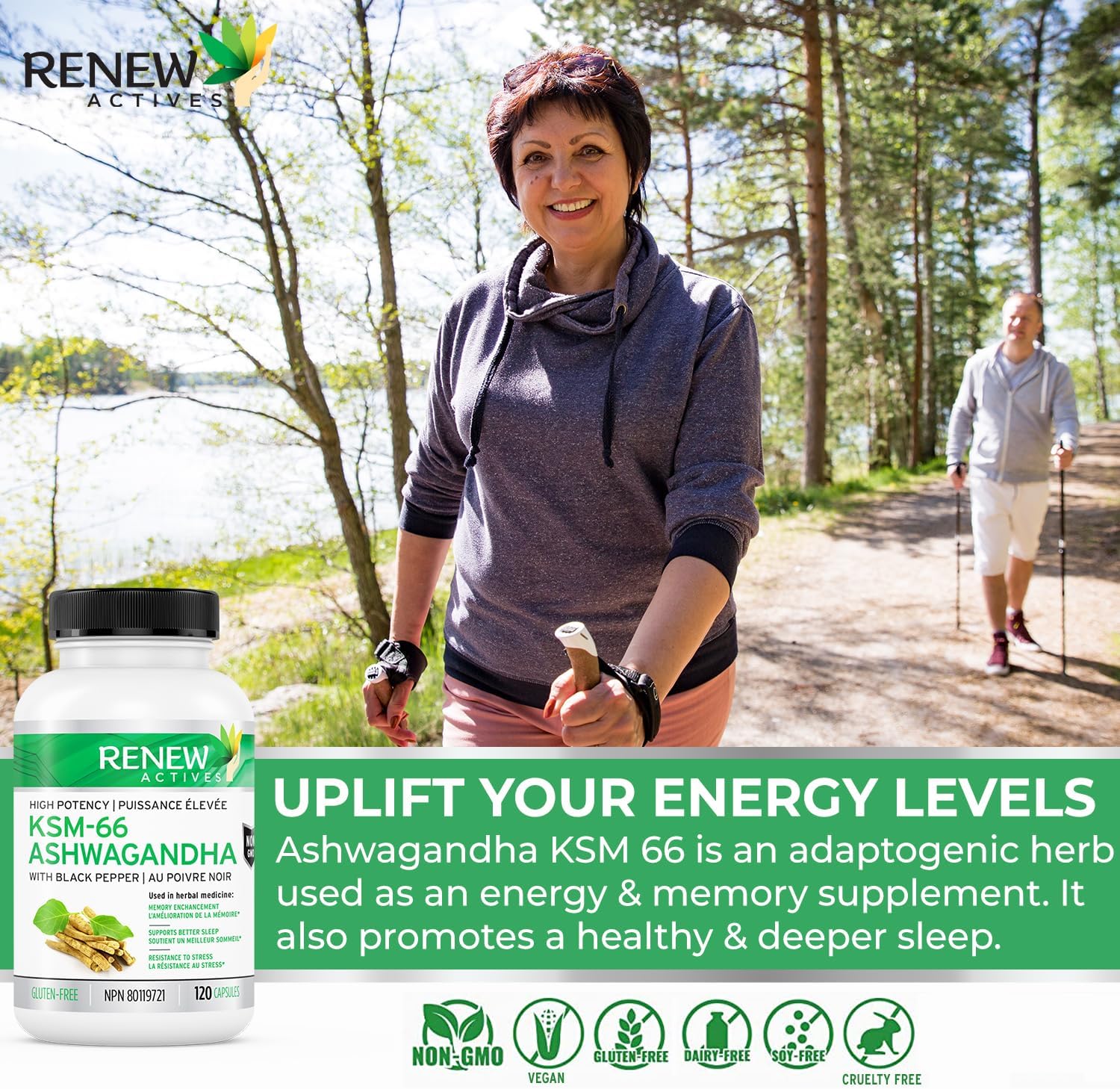 Renew Actives Ashwagandha KSM-66 Capsules - 60 Easy to Swallow Capsules