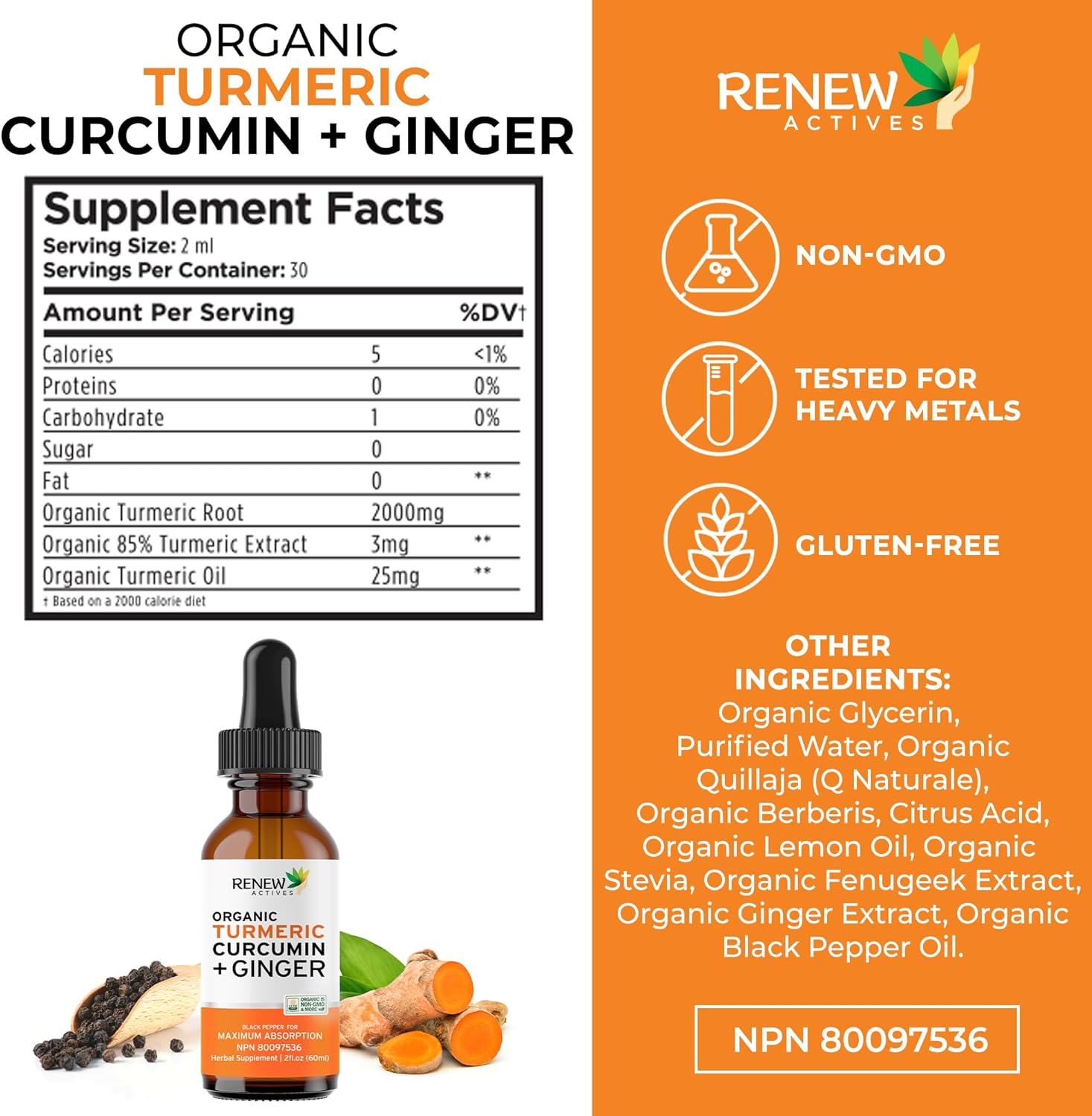 Organic Turmeric Liquid w. Ginger & Lemon Oil