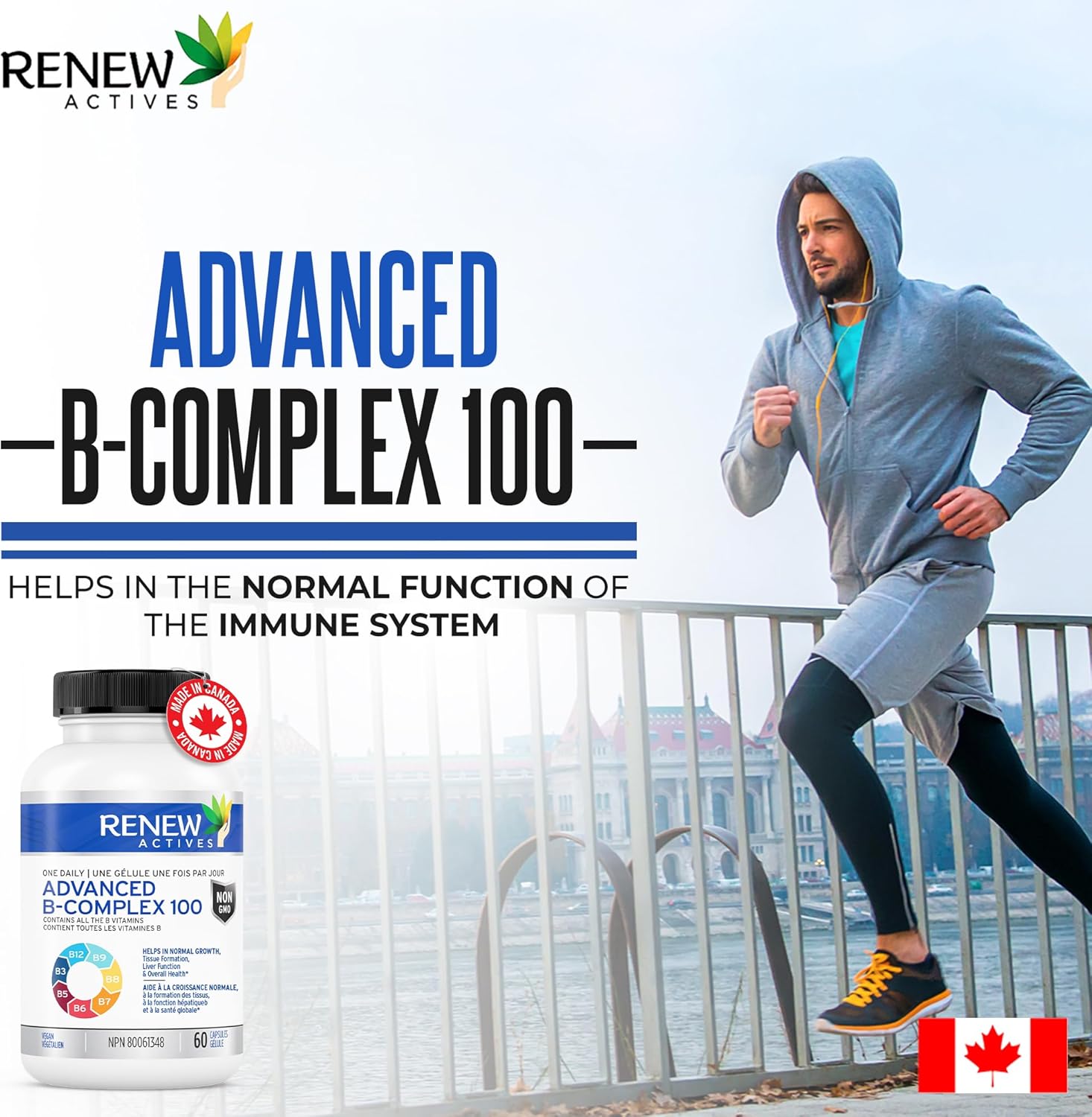 Renew Actives Vitamin B Complex 100, 60 Capsule  – 100% of B1, B2, B3, B5, B-6, B-12