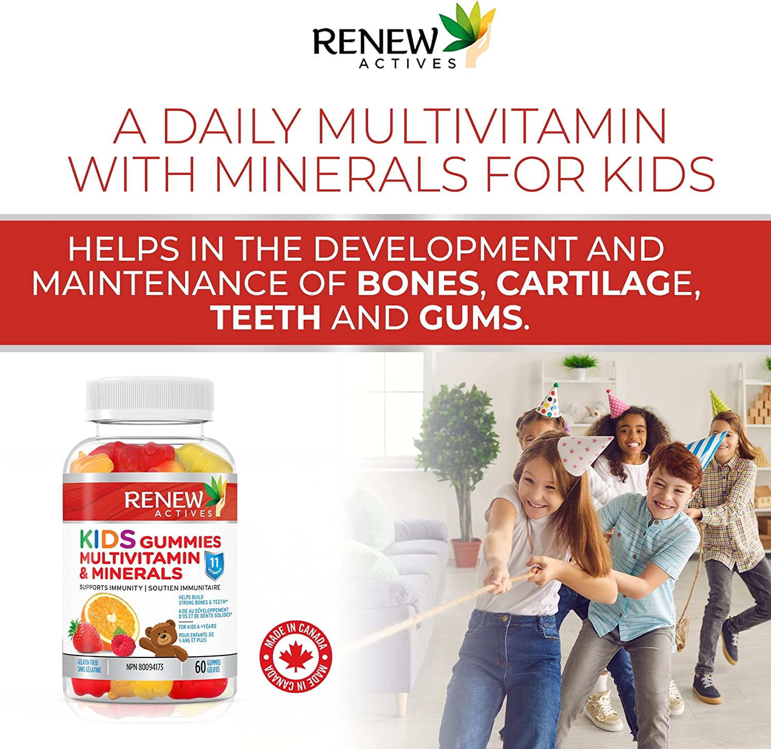 Renew Actives Kids Multivitamin Gummies, (60 Count) Yummy Strawberry/Orange
