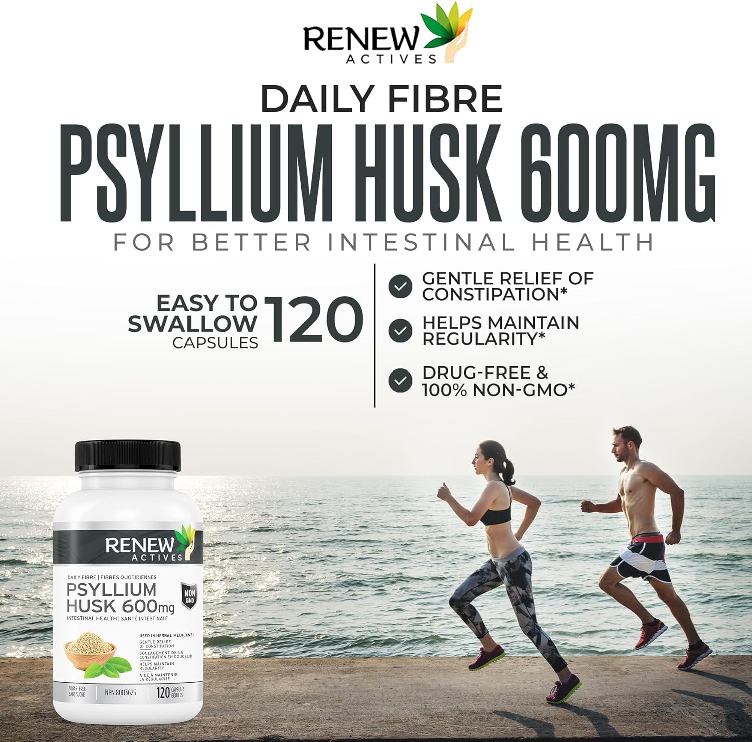 Renew Actives Psyllium Husk Capsules, 600 mg, 120 Capsules, Soluble Fiber Supplement, Natural Stool Softener/Laxatives