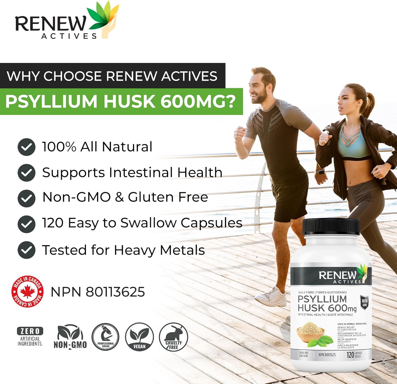 Renew Actives Psyllium Husk Capsules, 600 mg, 120 Capsules, Soluble Fiber Supplement, Natural Stool Softener/Laxatives