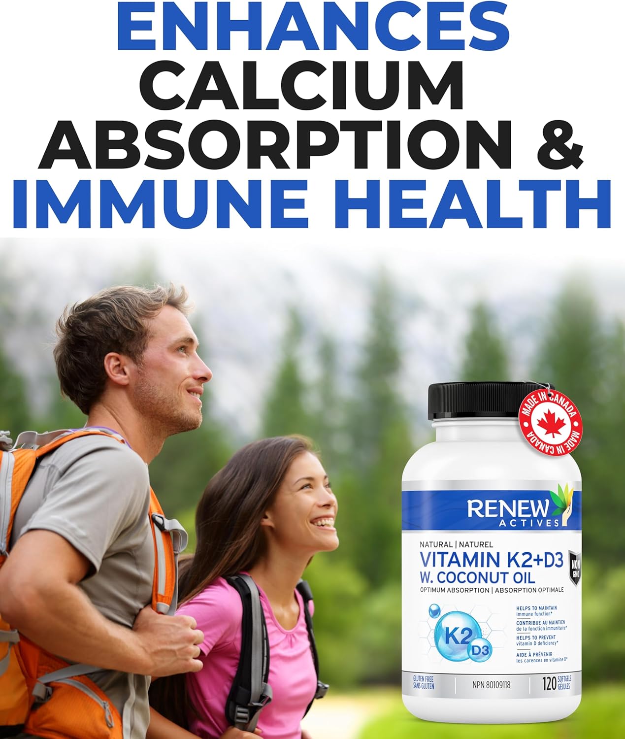 Renew Actives D3 K2 Supplement with Organic Coconut Oil - 1000 UI Vitamin D and 120 MCG of Vitamin K