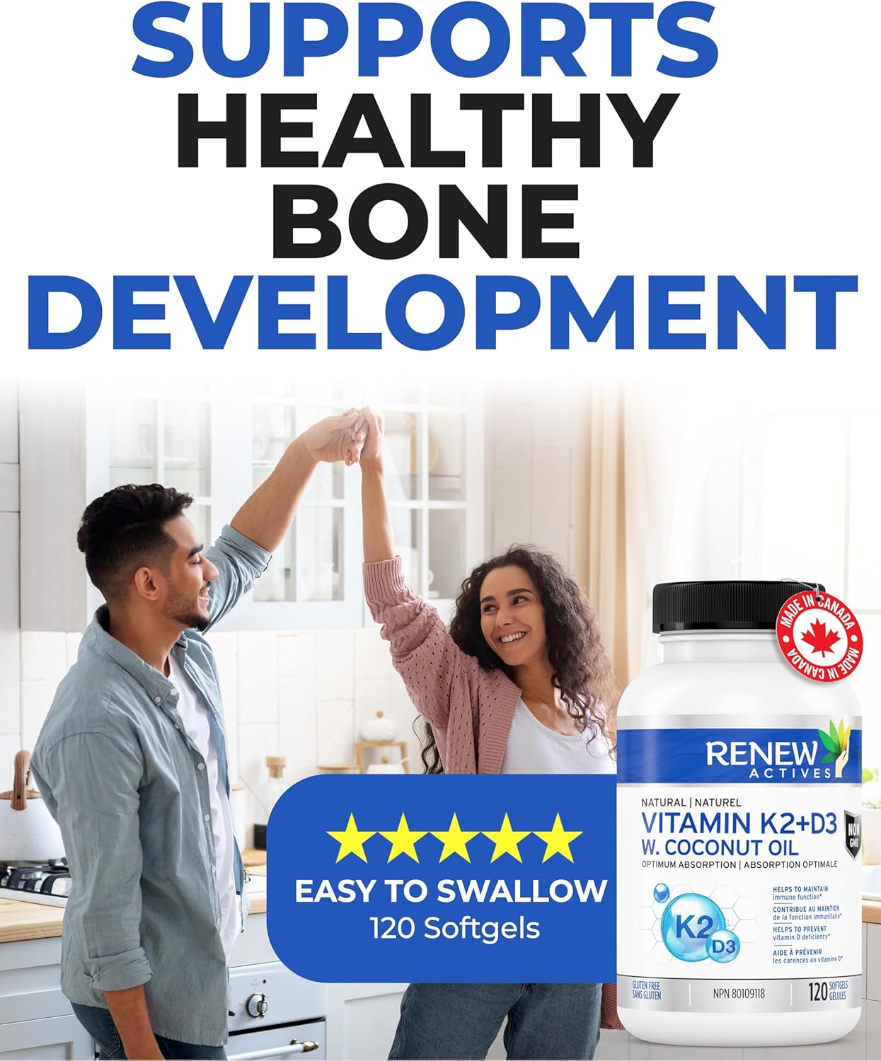 Renew Actives D3 K2 Supplement with Organic Coconut Oil - 1000 UI Vitamin D and 120 MCG of Vitamin K