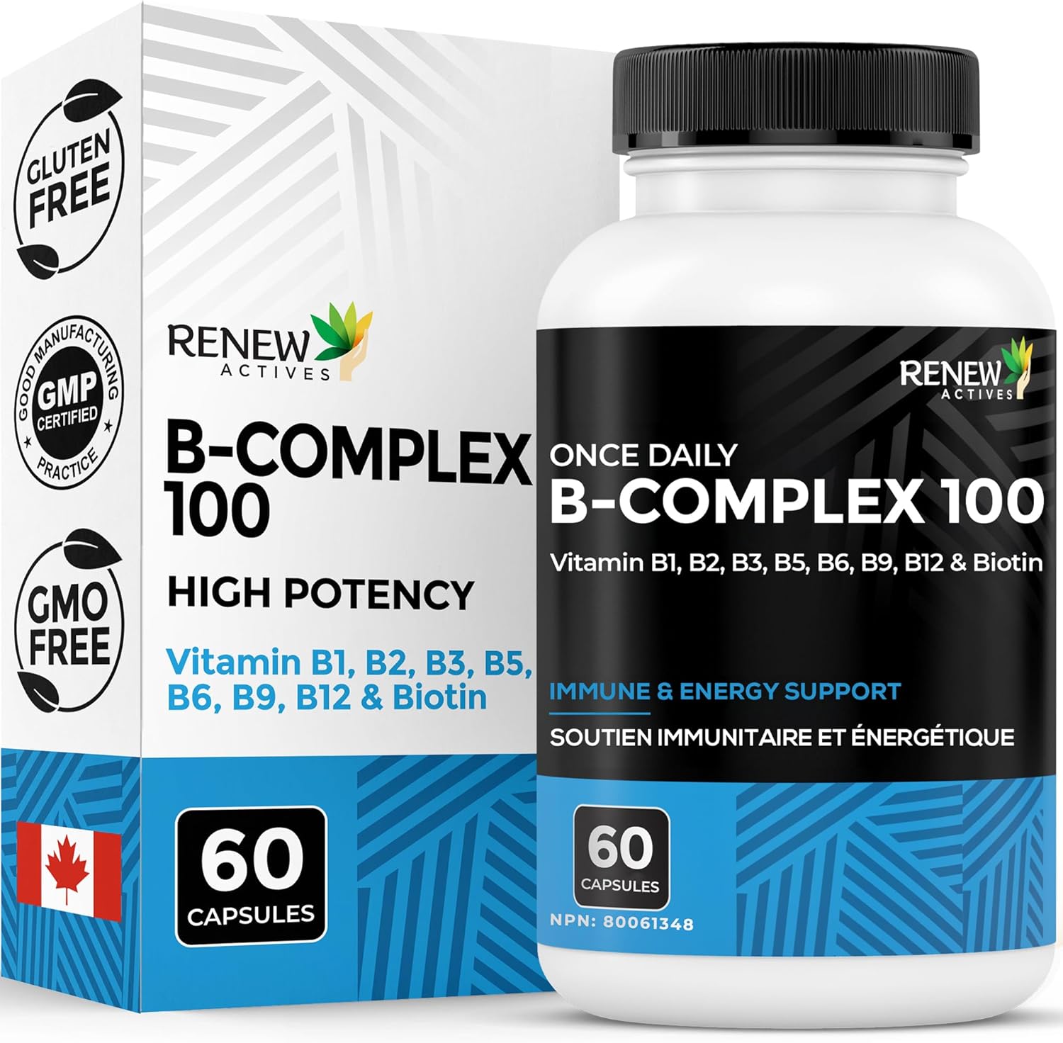 Renew Actives Vitamin B Complex 100, 60 Capsule  – 100% of B1, B2, B3, B5, B-6, B-12