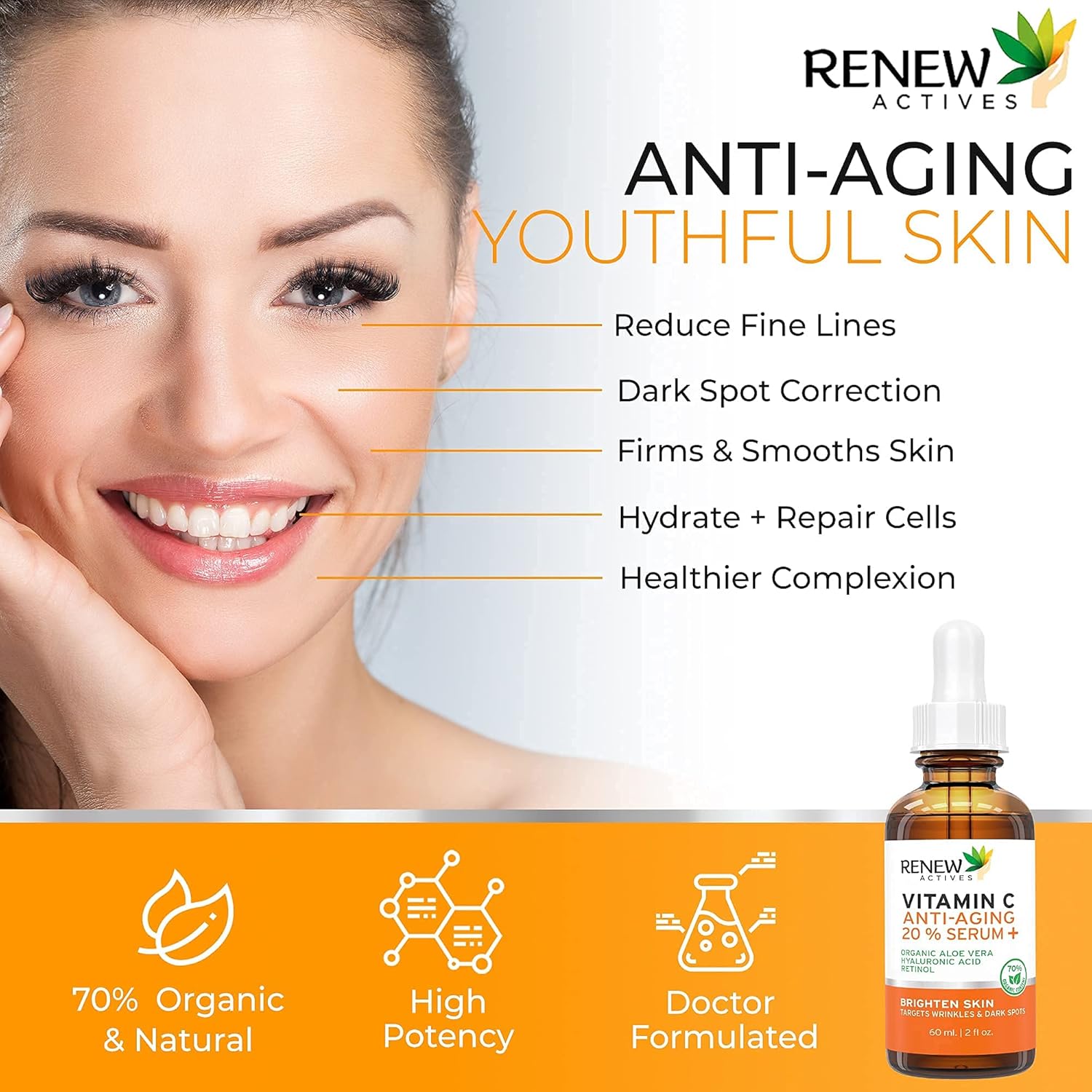 Renew Actives Vitamin C Serum – Anti-Aging Serum with Vitamin C, Hyaluronic Acid & Retinol – 2 fl oz Bottle